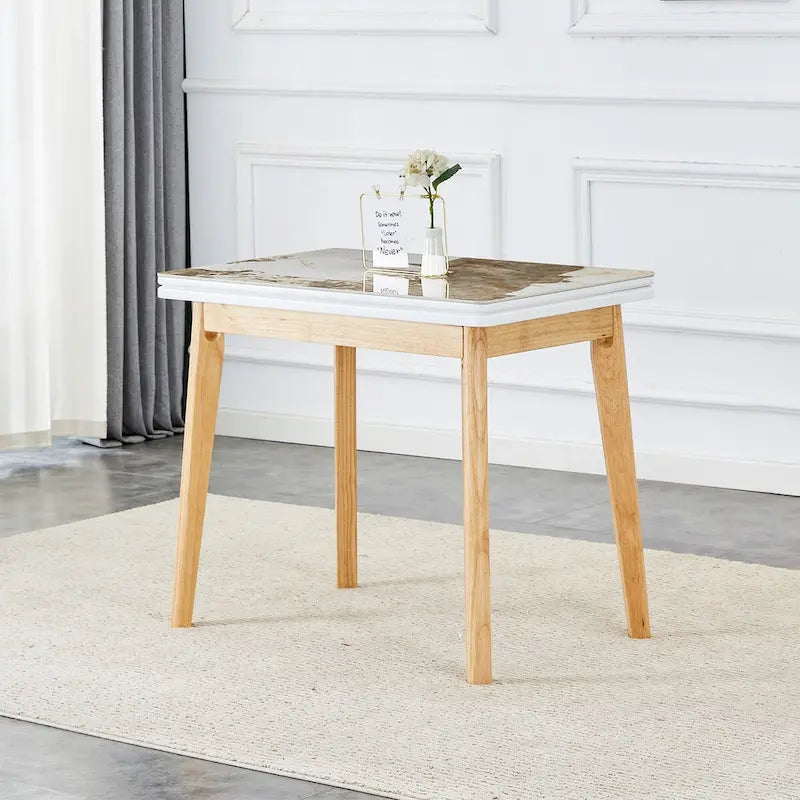 Bureau pliable imitation marbre blanc, pieds en bois d'hévéa, 1 personne
