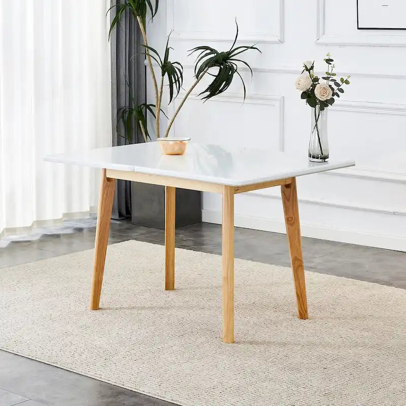 Bureau pliable imitation marbre blanc, pieds en bois d'hévéa, 1 personne