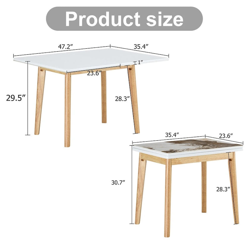 Bureau pliable imitation marbre blanc, pieds en bois d'hévéa, 1 personne