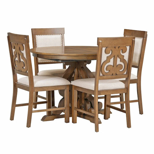 Salle à manger rétro extensible 5 pièces, blanc antique/noyer, 4-6 places