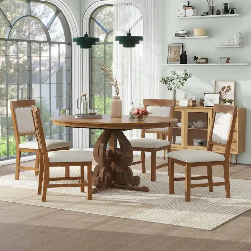 Salle à manger rétro extensible 5 pièces, blanc antique/noyer, 4-6 places