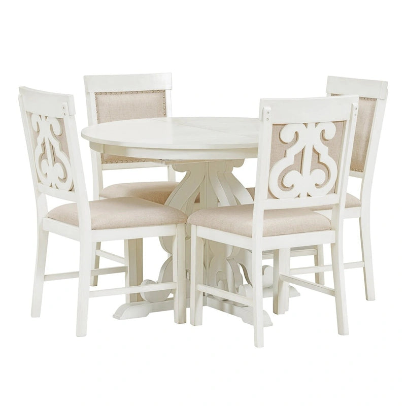 Salle à manger rétro extensible 5 pièces, blanc antique/noyer, 4-6 places