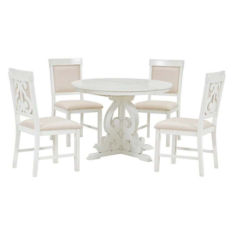 Salle à manger rétro extensible 5 pièces, blanc antique/noyer, 4-6 places