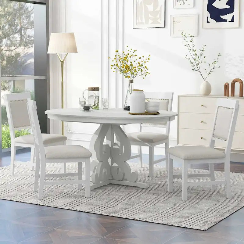 Salle à manger rétro extensible 5 pièces, blanc antique/noyer, 4-6 places