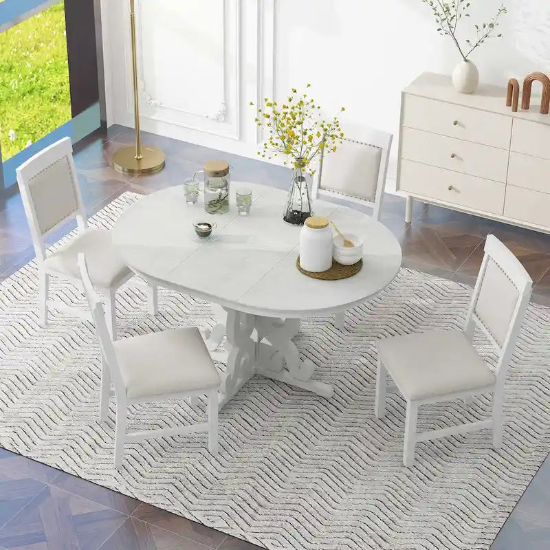 Salle à manger rétro extensible 5 pièces, blanc antique/noyer, 4-6 places