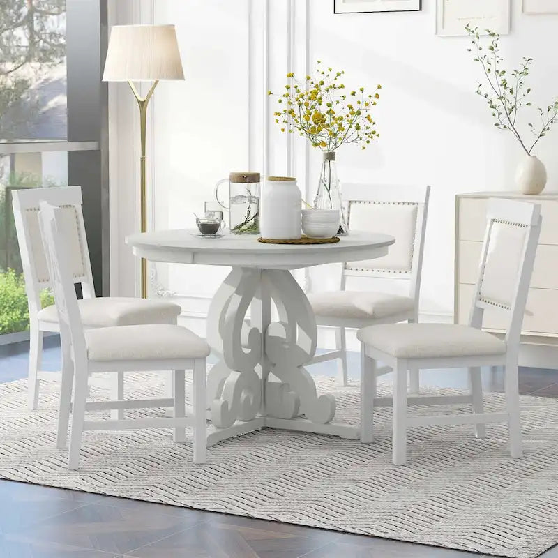 Salle à manger rétro extensible 5 pièces, blanc antique/noyer, 4-6 places
