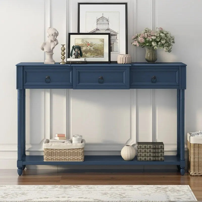 Console avec 3 tiroirs et une étagère inférieure – Bleu marine vieilli / Espresso / Blanc vieilli
