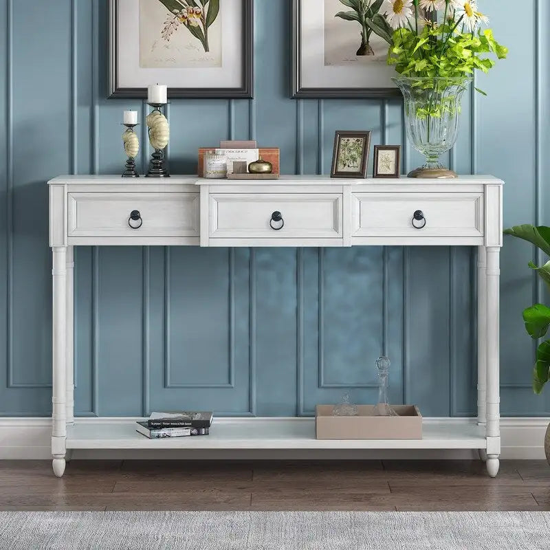 Console avec 3 tiroirs et une étagère inférieure – Bleu marine vieilli / Espresso / Blanc vieilli