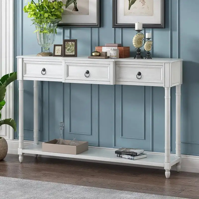Console avec 3 tiroirs et une étagère inférieure – Bleu marine vieilli / Espresso / Blanc vieilli