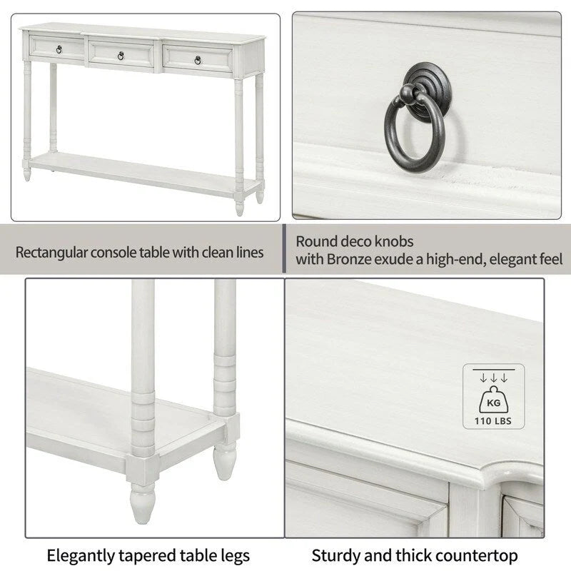 Console avec 3 tiroirs et une étagère inférieure – Bleu marine vieilli / Espresso / Blanc vieilli