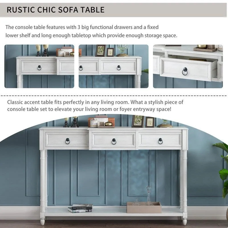 Console avec 3 tiroirs et une étagère inférieure – Bleu marine vieilli / Espresso / Blanc vieilli