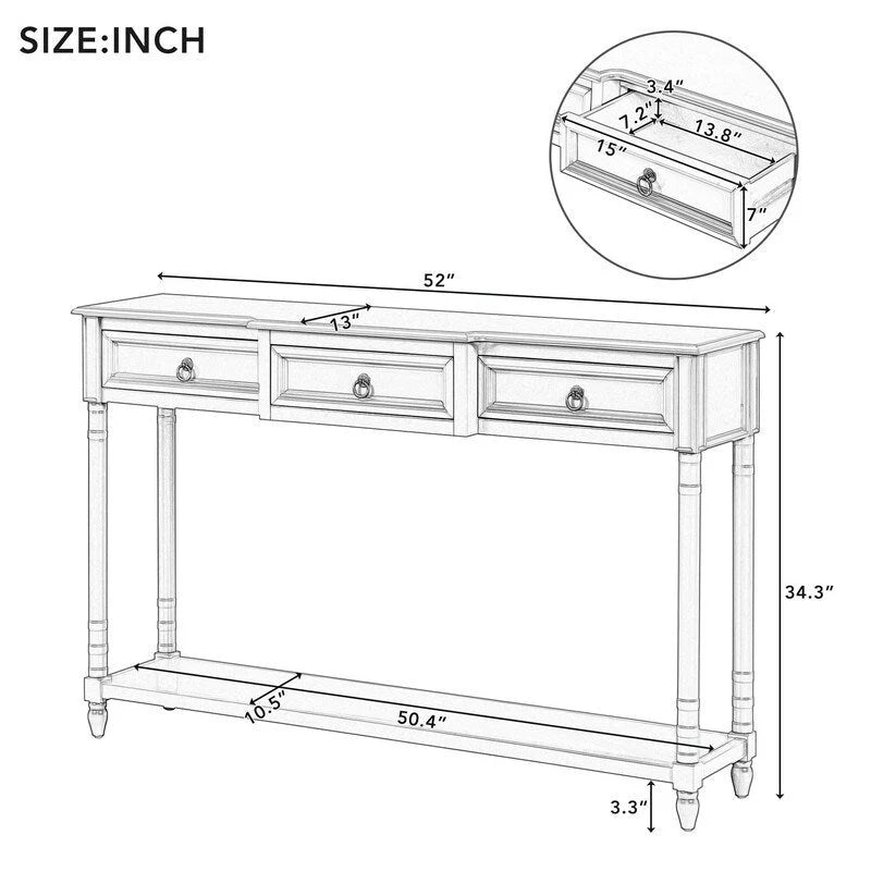Console avec 3 tiroirs et une étagère inférieure – Bleu marine vieilli / Espresso / Blanc vieilli