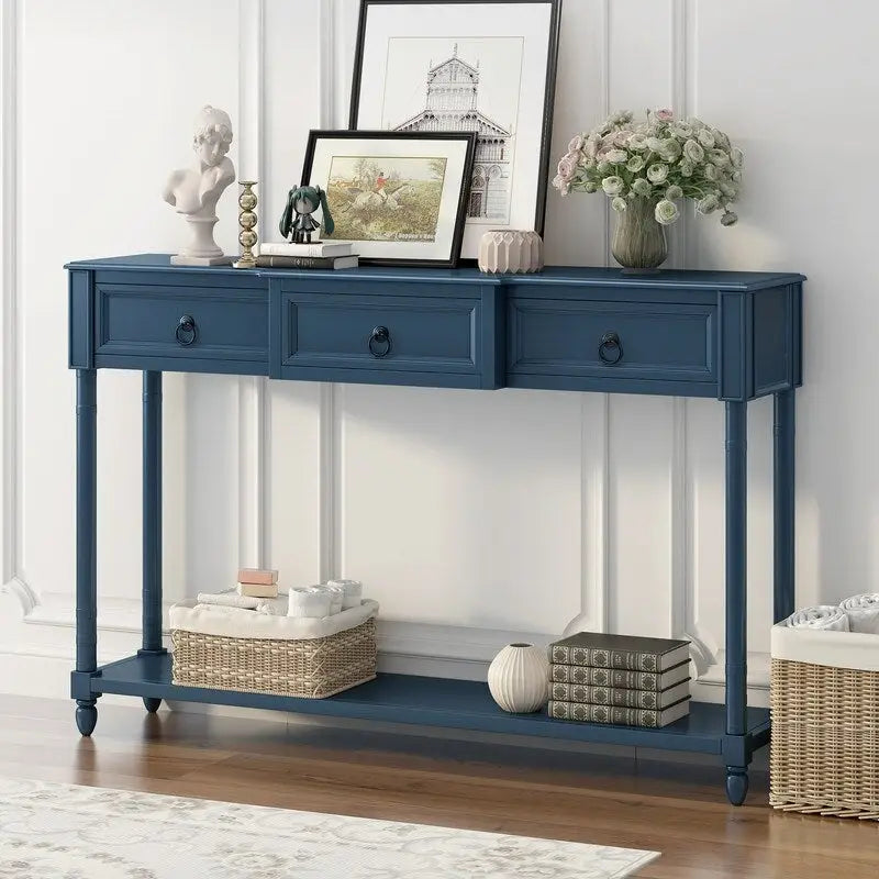 Console avec 3 tiroirs et une étagère inférieure – Bleu marine vieilli / Espresso / Blanc vieilli