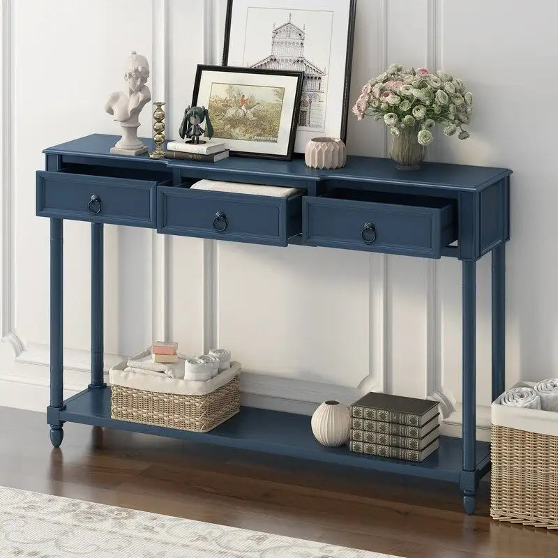 Console avec 3 tiroirs et une étagère inférieure – Bleu marine vieilli / Espresso / Blanc vieilli