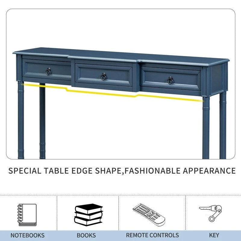 Console avec 3 tiroirs et une étagère inférieure – Bleu marine vieilli / Espresso / Blanc vieilli
