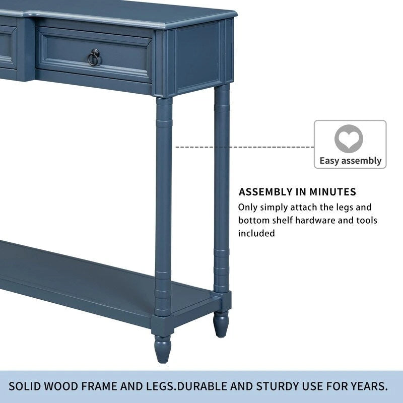 Console avec 3 tiroirs et une étagère inférieure – Bleu marine vieilli / Espresso / Blanc vieilli