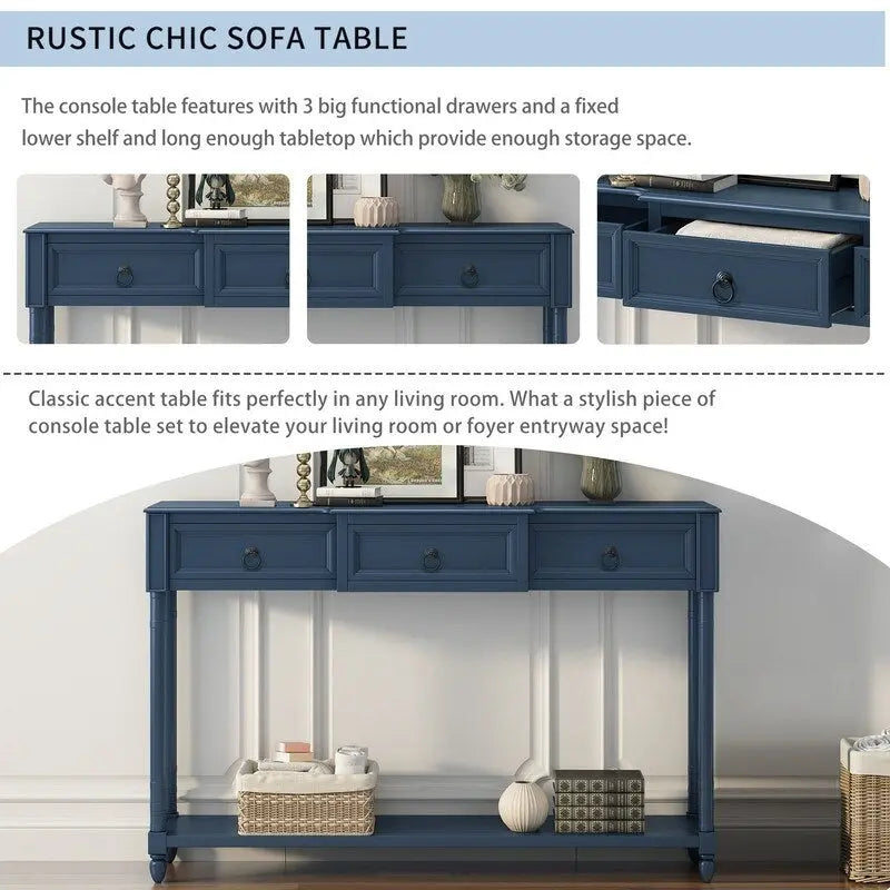 Console avec 3 tiroirs et une étagère inférieure – Bleu marine vieilli / Espresso / Blanc vieilli