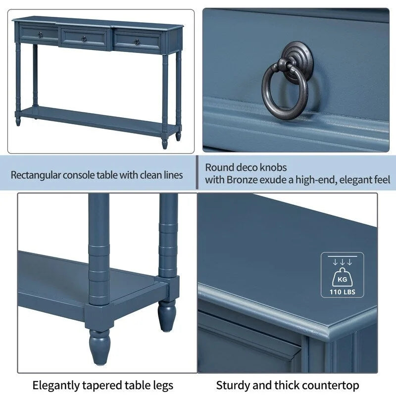 Console avec 3 tiroirs et une étagère inférieure – Bleu marine vieilli / Espresso / Blanc vieilli