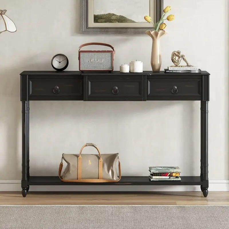 Console avec 3 tiroirs et une étagère inférieure – Bleu marine vieilli / Espresso / Blanc vieilli