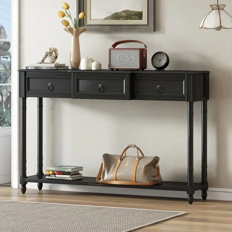 Console avec 3 tiroirs et une étagère inférieure – Bleu marine vieilli / Espresso / Blanc vieilli