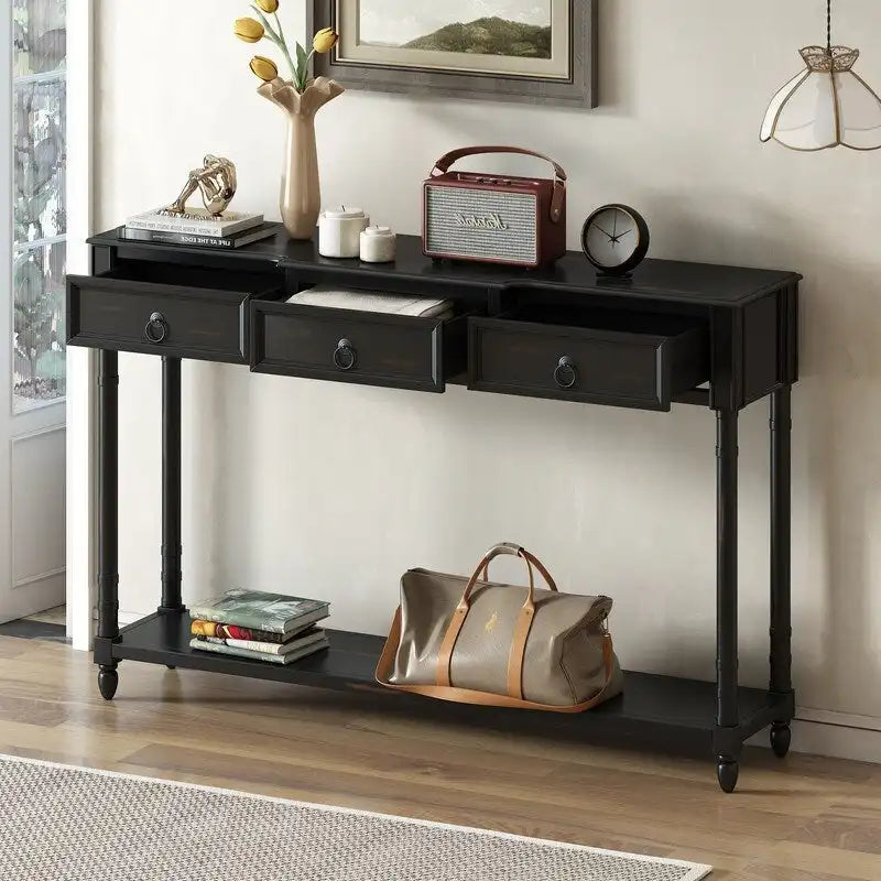 Console avec 3 tiroirs et une étagère inférieure – Bleu marine vieilli / Espresso / Blanc vieilli