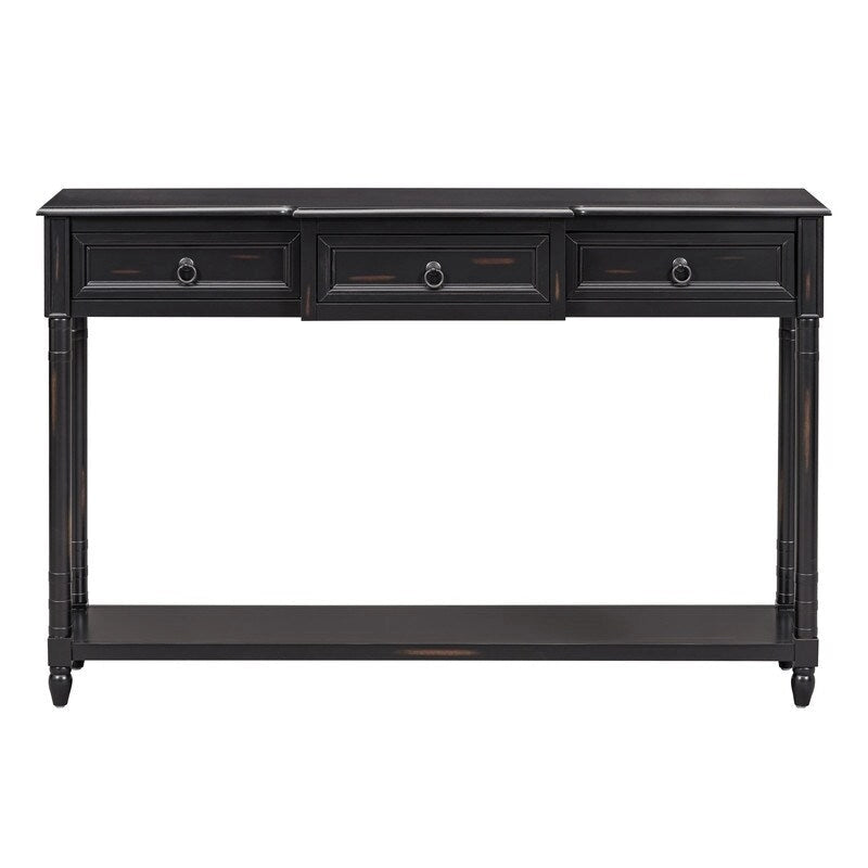 Console avec 3 tiroirs et une étagère inférieure – Bleu marine vieilli / Espresso / Blanc vieilli