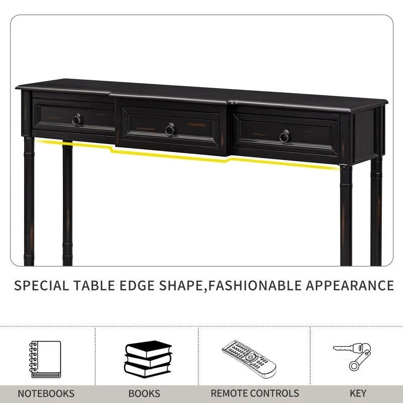 Console avec 3 tiroirs et une étagère inférieure – Bleu marine vieilli / Espresso / Blanc vieilli