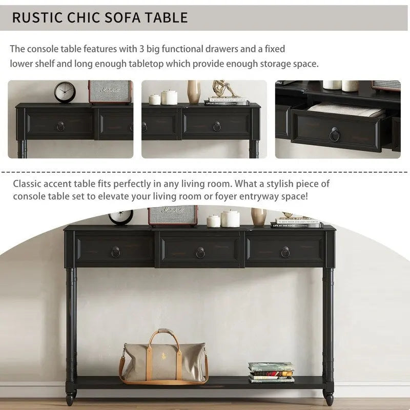 Console avec 3 tiroirs et une étagère inférieure – Bleu marine vieilli / Espresso / Blanc vieilli