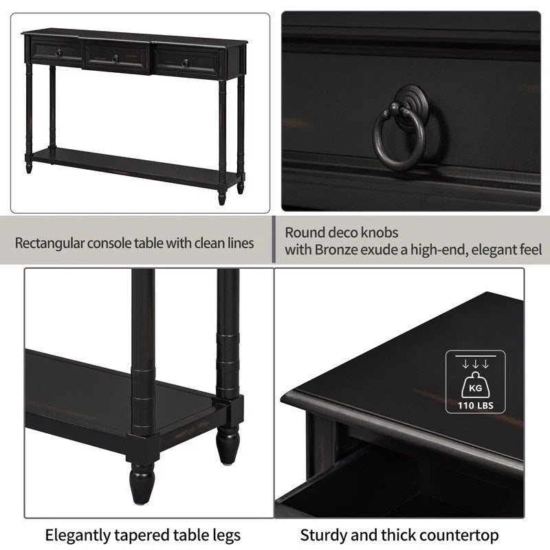 Console avec 3 tiroirs et une étagère inférieure – Bleu marine vieilli / Espresso / Blanc vieilli