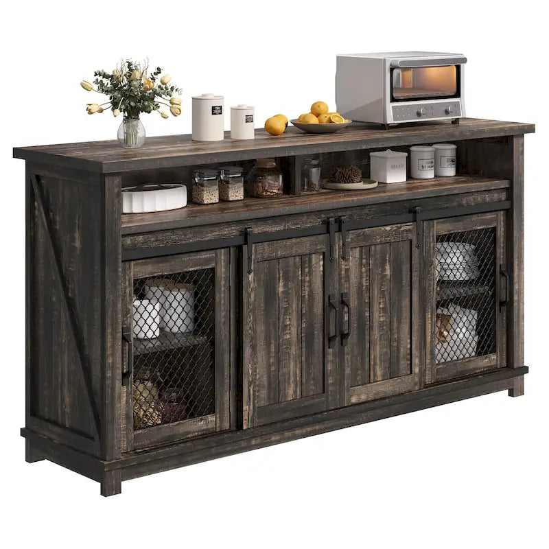 Buffet coulissant marron foncé / gris, assemblage par 1 personne