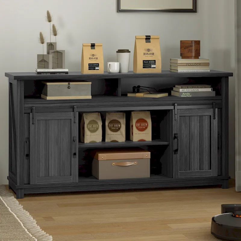 Buffet coulissant marron foncé / gris, assemblage par 1 personne