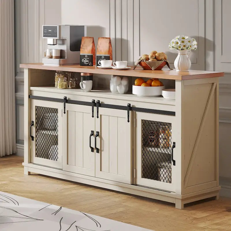 Buffet coulissant marron foncé / gris, assemblage par 1 personne
