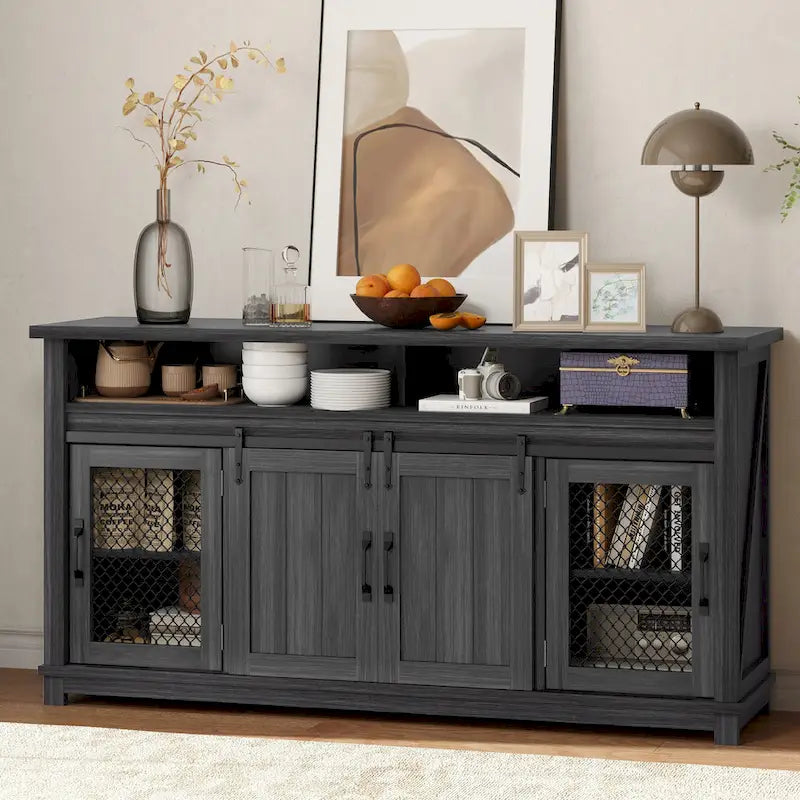 Buffet coulissant marron foncé / gris, assemblage par 1 personne