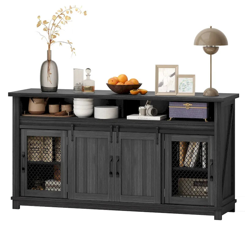 Buffet coulissant marron foncé / gris, assemblage par 1 personne
