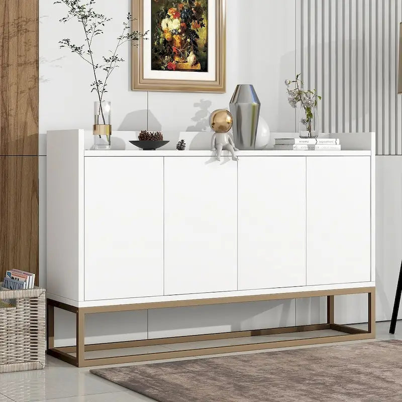 Buffet bahut 4 portes blanc/noir/bleu marine avec pieds en métal, ouverture par pression, assemblage par 1 personne