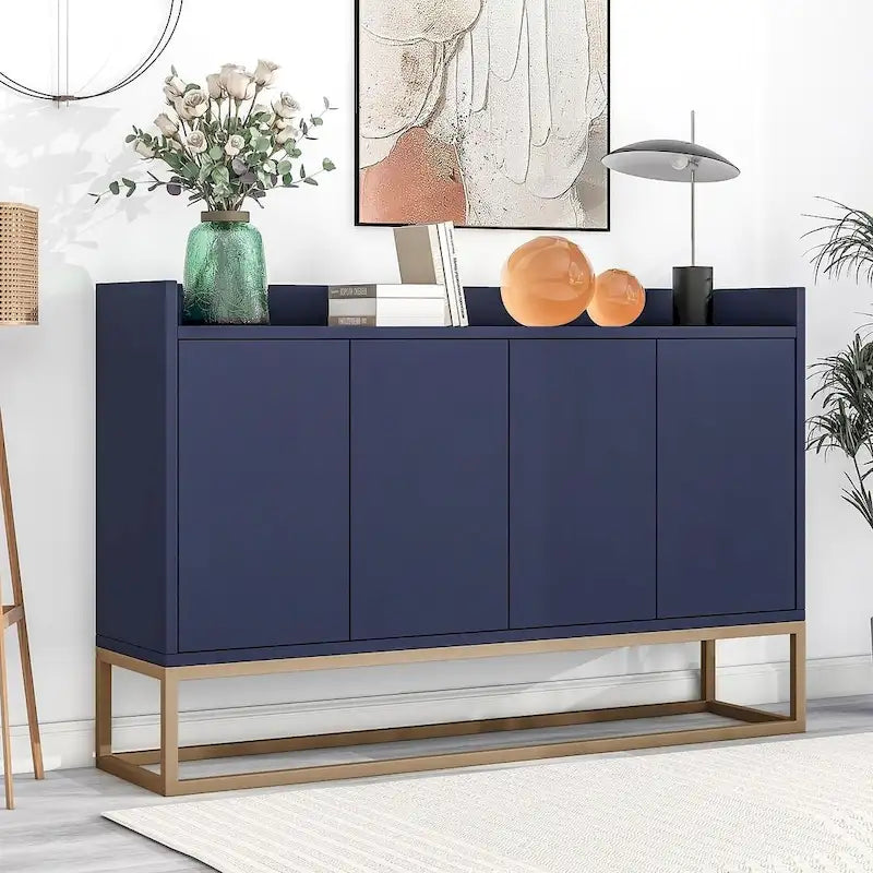 Buffet bahut 4 portes blanc/noir/bleu marine avec pieds en métal, ouverture par pression, assemblage par 1 personne