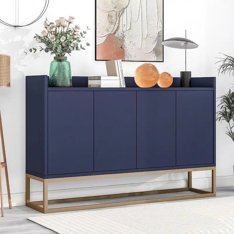 Buffet bahut 4 portes blanc/noir/bleu marine avec pieds en métal, ouverture par pression, assemblage par 1 personne