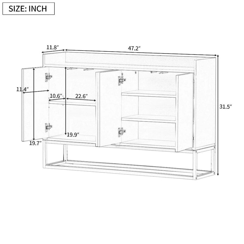 Buffet bahut 4 portes blanc/noir/bleu marine avec pieds en métal, ouverture par pression, assemblage par 1 personne