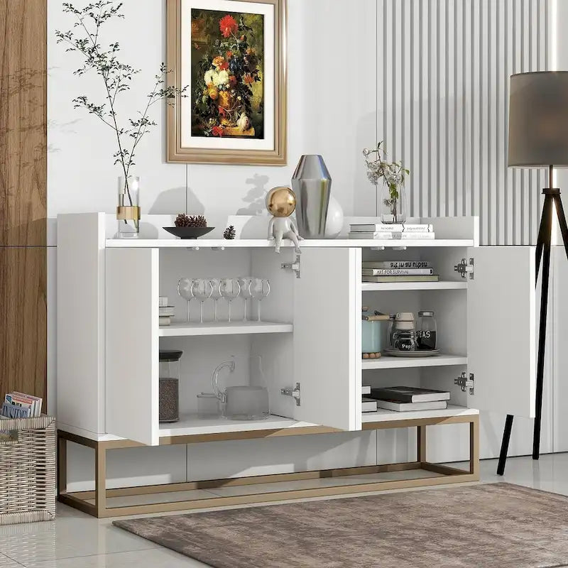 Buffet bahut 4 portes blanc/noir/bleu marine avec pieds en métal, ouverture par pression, assemblage par 1 personne