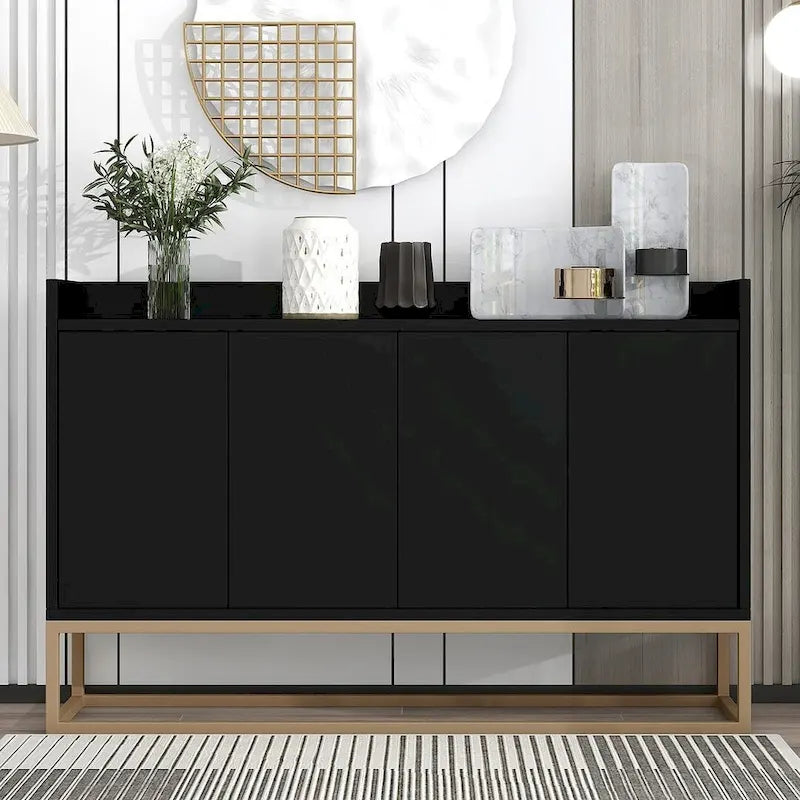 Buffet bahut 4 portes blanc/noir/bleu marine avec pieds en métal, ouverture par pression, assemblage par 1 personne
