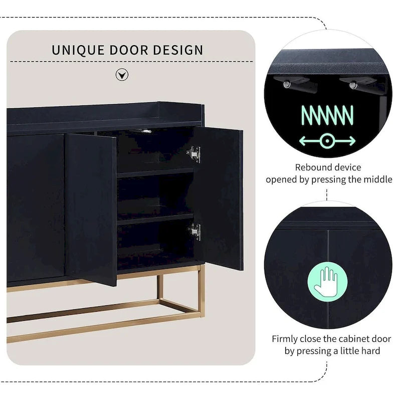 Buffet bahut 4 portes blanc/noir/bleu marine avec pieds en métal, ouverture par pression, assemblage par 1 personne