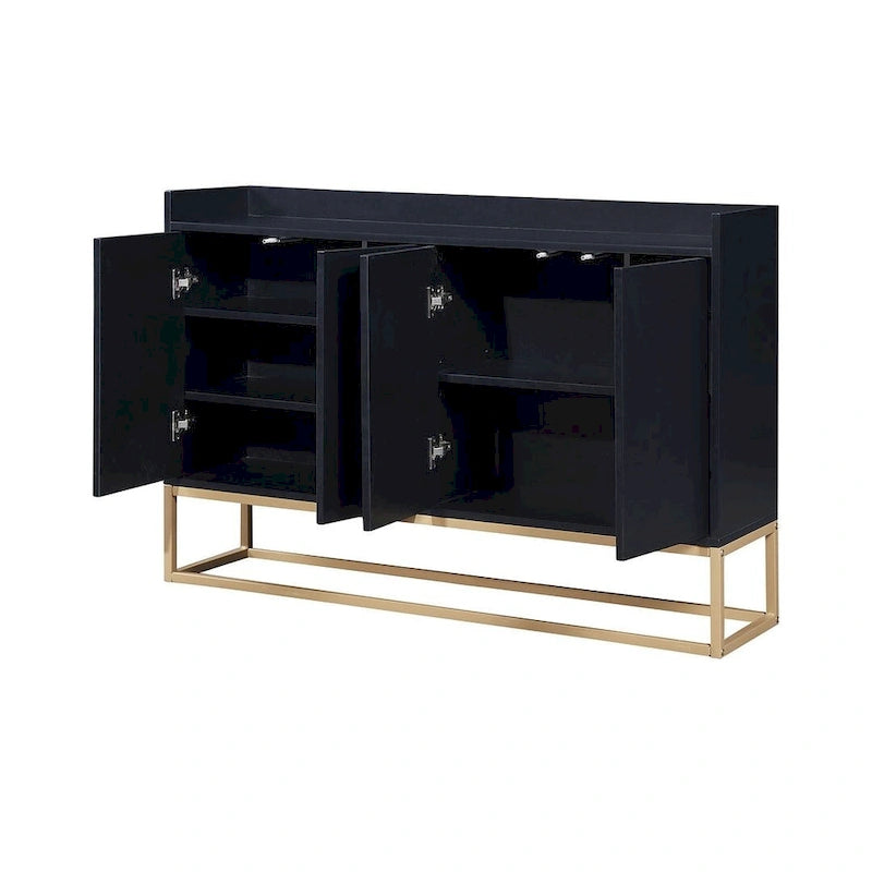 Buffet bahut 4 portes blanc/noir/bleu marine avec pieds en métal, ouverture par pression, assemblage par 1 personne