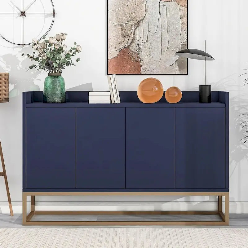 Buffet bahut 4 portes blanc/noir/bleu marine avec pieds en métal, ouverture par pression, assemblage par 1 personne