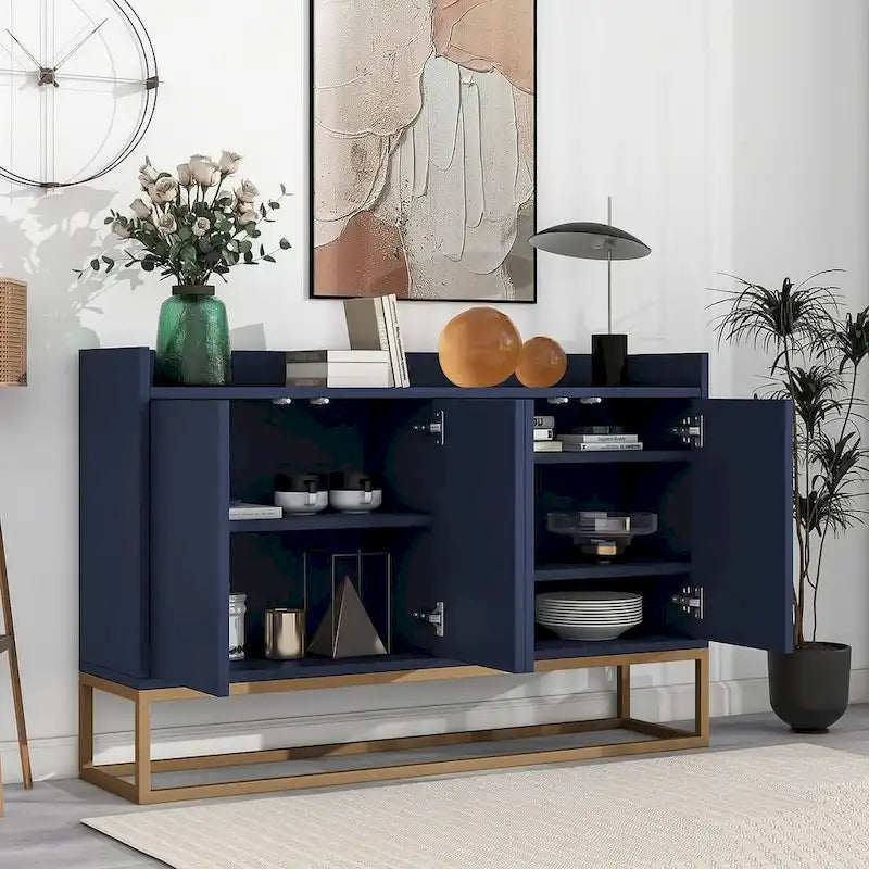 Buffet bahut 4 portes blanc/noir/bleu marine avec pieds en métal, ouverture par pression, assemblage par 1 personne