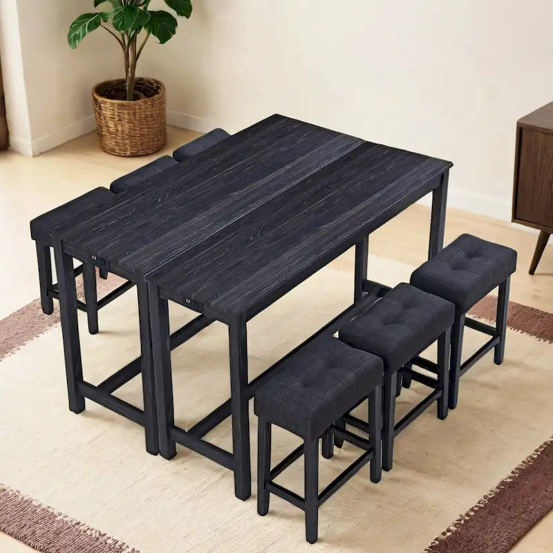 Ensemble table de bar et 6 tabourets rembourrés gris foncé/crème – 2 tables et 6 tabourets de bar rembourrés