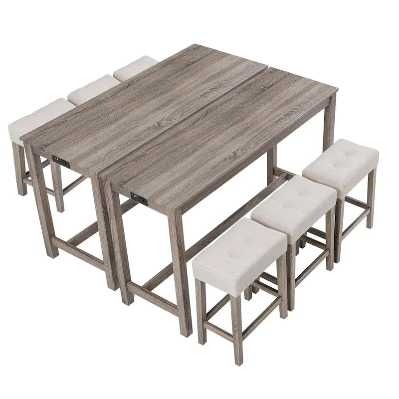 Ensemble table de bar et 6 tabourets rembourrés gris foncé/crème – 2 tables et 6 tabourets de bar rembourrés