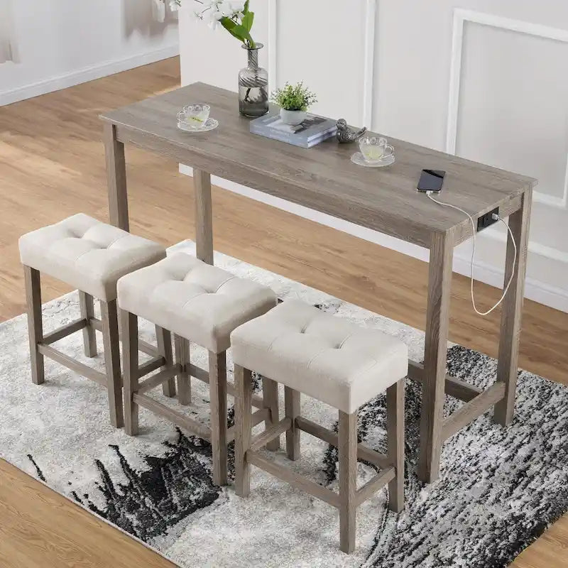 Ensemble table de bar et 6 tabourets rembourrés gris foncé/crème – 2 tables et 6 tabourets de bar rembourrés