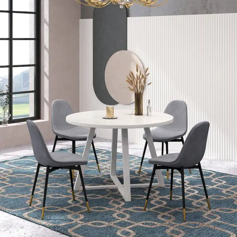 Ensemble de salle à manger rond 5 pièces en velours gris/bleu/vert/rose pour 4, piètement tréteau