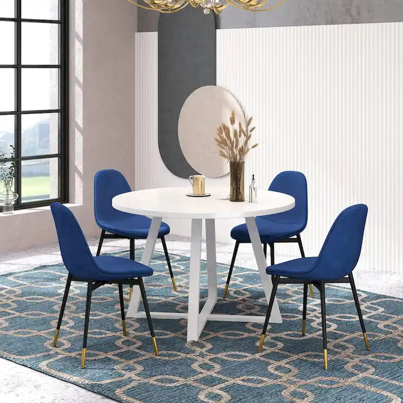 Ensemble de salle à manger rond 5 pièces en velours gris/bleu/vert/rose pour 4, piètement tréteau