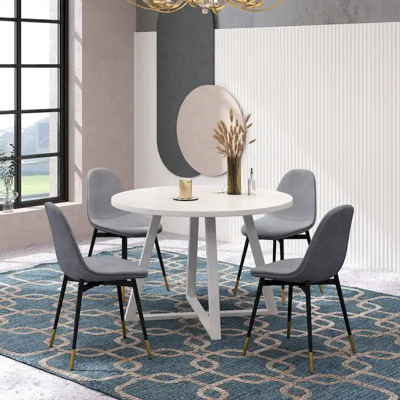 Ensemble de salle à manger rond 5 pièces en velours gris/bleu/vert/rose pour 4, piètement tréteau